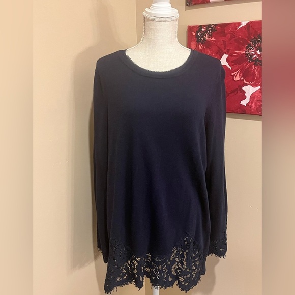 Soft Surroundings Navy Pull Over Wool Blend Lace Hem Sweater, size XL - Picture 1 of 6